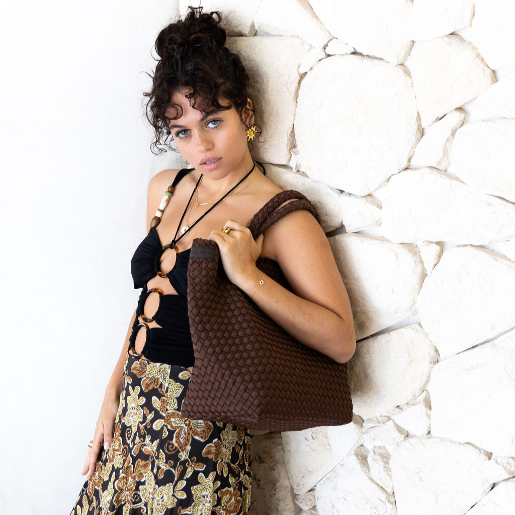 Woven Neoprene Shoulder Tote - Choc Brown