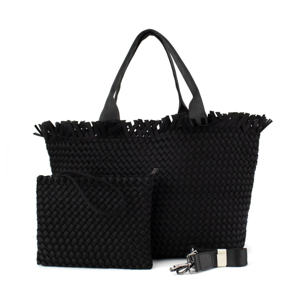 Black woven beach bag hotsell